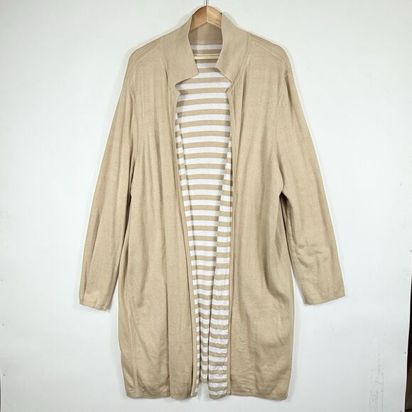 Chico's Womens 4 XL 18 Tan White Stripe Reversible Knit Duster Cardigan Sweater - Picture 6 of 9